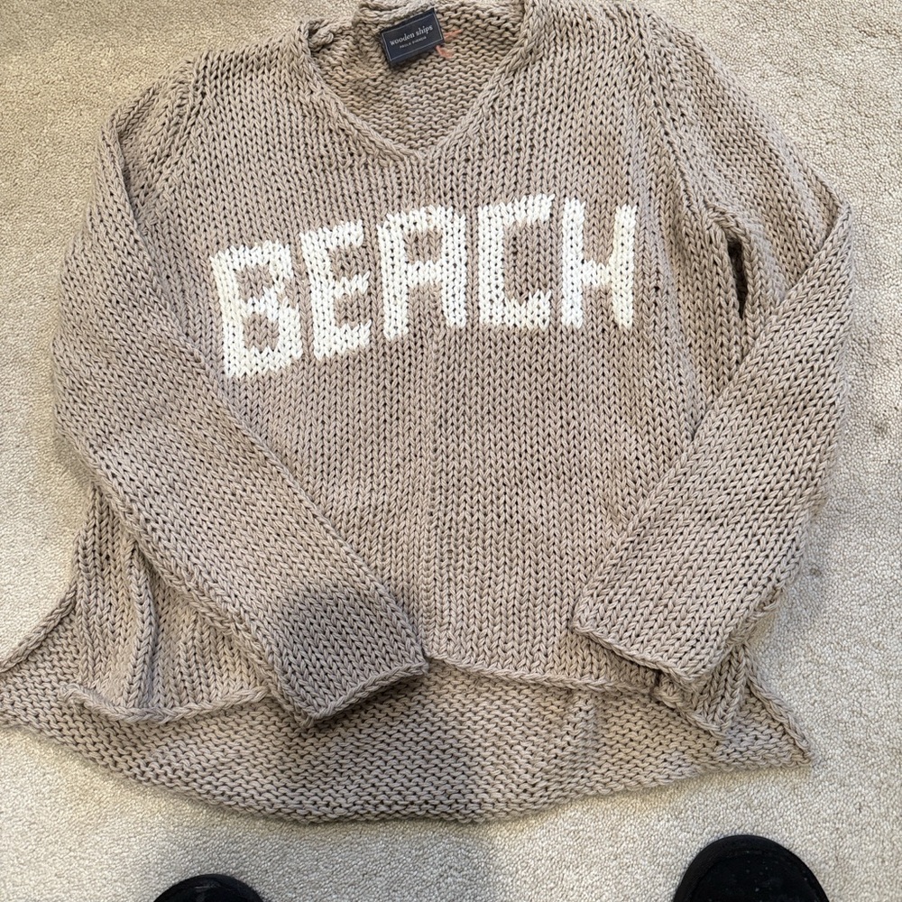 Wooden Ships Taupe V-Neck Sweater with White BEACH Lettering